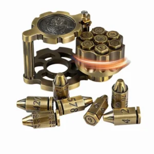 Metal Bullet Polyhedral Dice Set of 7 with Spinning Revolver Cylinder Case - Cyberpunk Style for D&D, RPG, and War-Themed Tabletop Games