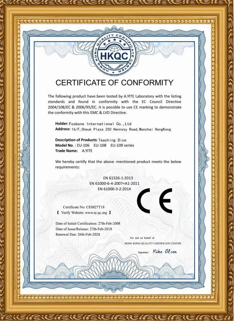 Foxbone CE Intellectual Game Dice Certificate