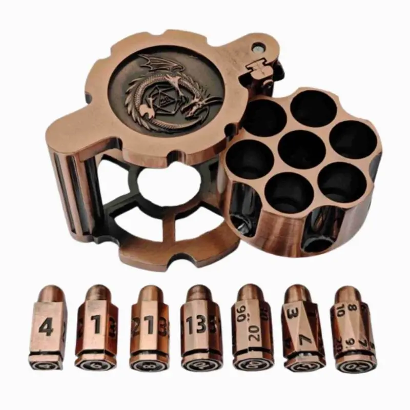 Metal Polyhedral Bullet Dice Set of 7 with Spinning Revolver Cylinder Container - Cyberpunk Style Dice for D&D, Sci-Fi, War, or Crime Theme Tabletop Games - 图片 2