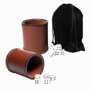 Brown PU Leather Dice Cup Set, Felt Lined Dice Shaker with 5 Dice for Liars Farkle Yahtzee Game