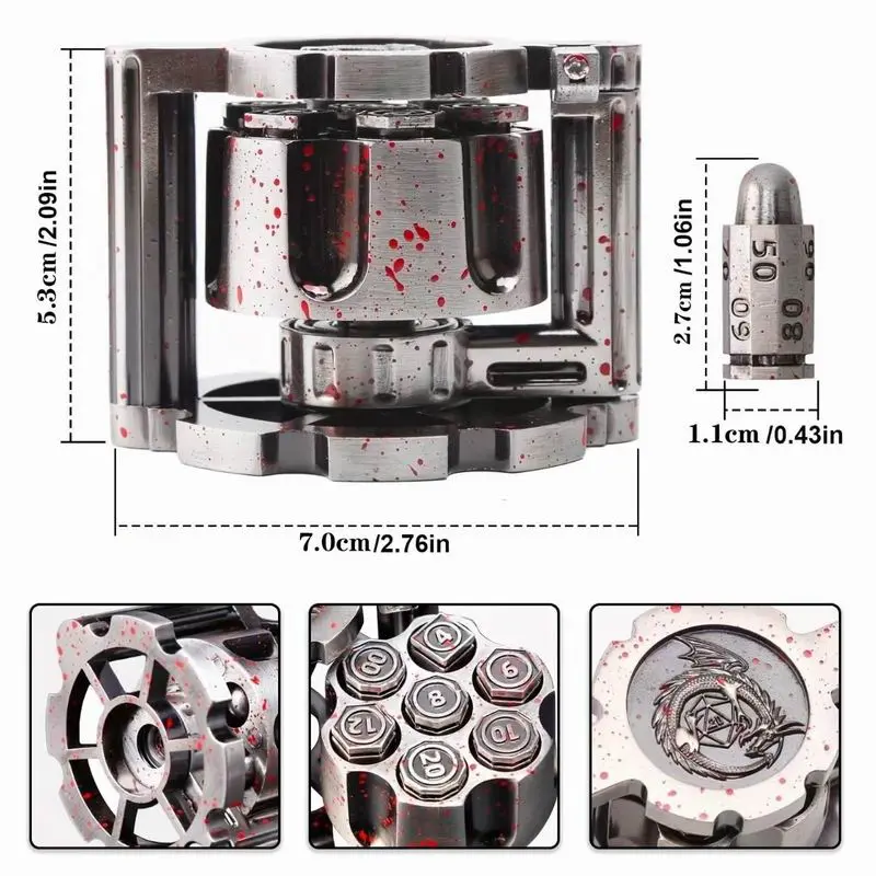 Metal Polyhedral Bullet Dice Set of 7 with Spinning Revolver Cylinder Container - Cyberpunk Style Dice for D&D, Sci-Fi, War, or Crime Theme Tabletop Games - 图片 5