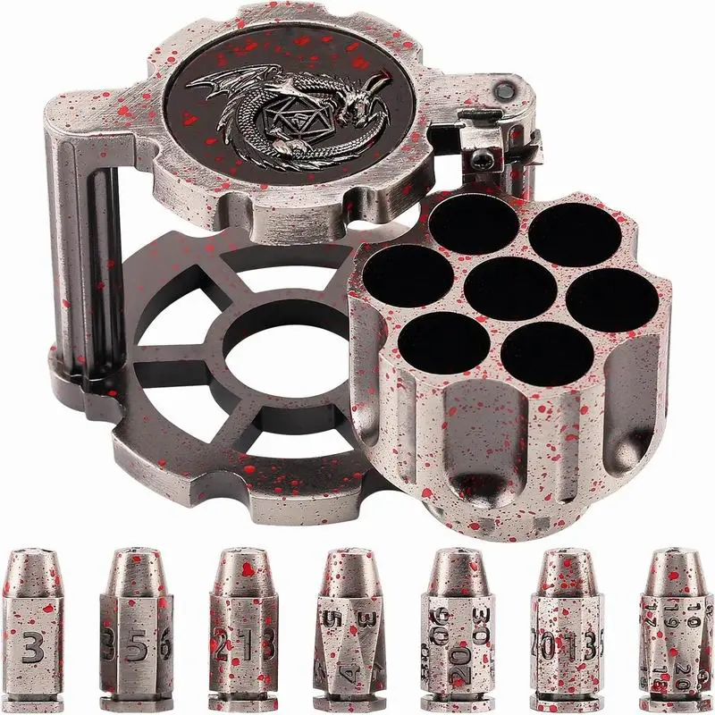 Metal Polyhedral Bullet Dice Set of 7 with Spinning Revolver Cylinder Container - Cyberpunk Style Dice for D&D, Sci-Fi, War, or Crime Theme Tabletop Games - 图片 4