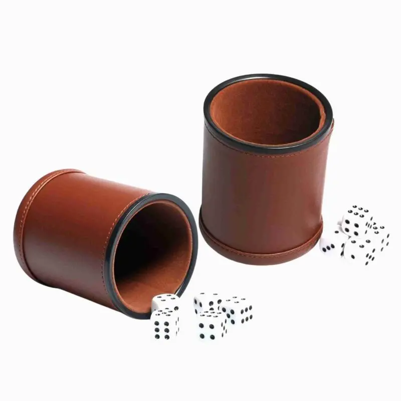 Brown PU Leather Dice Cup Set, Felt Lined Dice Shaker with 5 Dice for Liars Farkle Yahtzee Game - 图片 2
