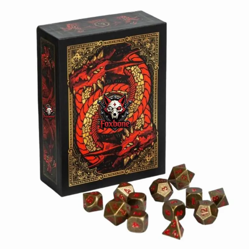 Foxbone Dungeons and Dragons Dice and Tray,Antique Copper Solid Metal Polyhedral D&D Dice Set of 12 Old Copper Metal RPG Role Playing Game Dice 12pcs Set