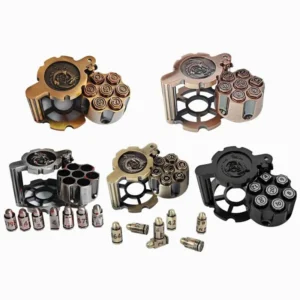 Metal Polyhedral Bullet Dice Set of 7 with Spinning Revolver Cylinder Container - Cyberpunk Style Dice for D&D, Sci-Fi, War, or Crime Theme Tabletop Games