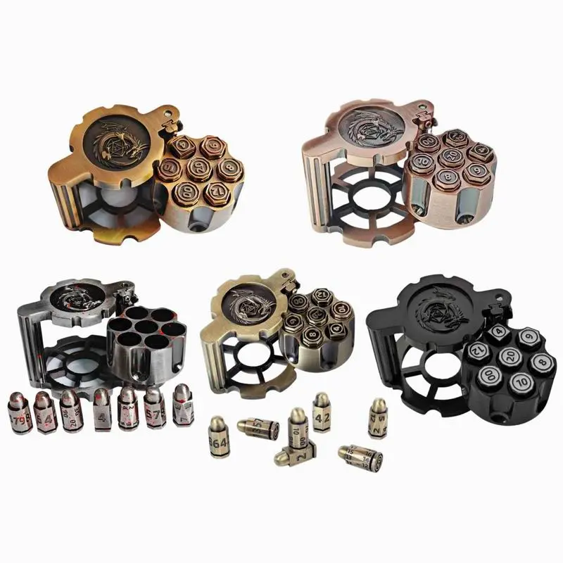 Metal Polyhedral Bullet Dice Set of 7 with Spinning Revolver Cylinder Container - Cyberpunk Style Dice for D&D, Sci-Fi, War, or Crime Theme Tabletop Games