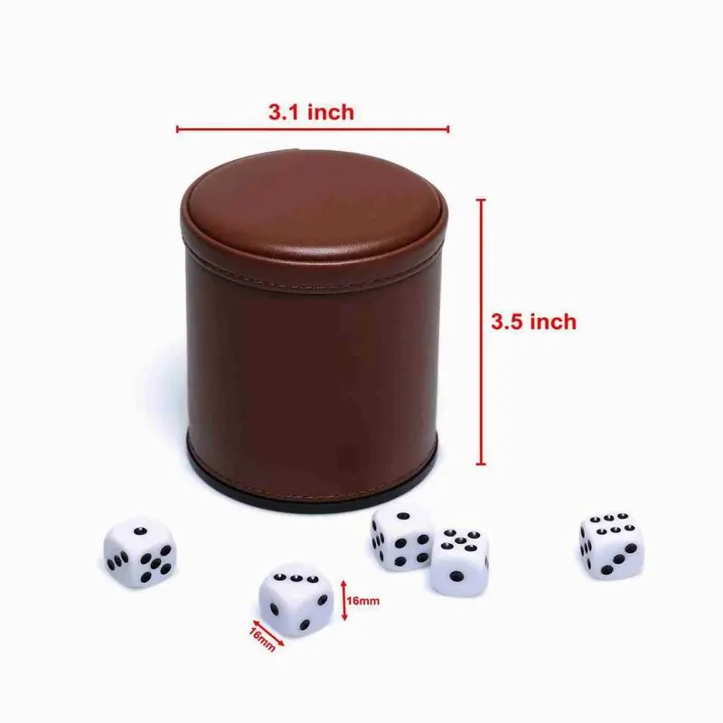 Brown PU Leather Dice Cup Set, Felt Lined Dice Shaker with 5 Dice for Liars Farkle Yahtzee Game - 图片 4